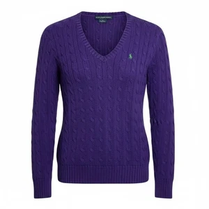 Ralph Lauren Sport Damen Pullover Zopfmuster V-Ausschnitt Größe L Lila Baumwolle Preppy - Bild 1 von 8