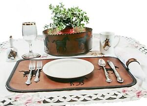 Leather Table Accessories brown with black trim and running horse 