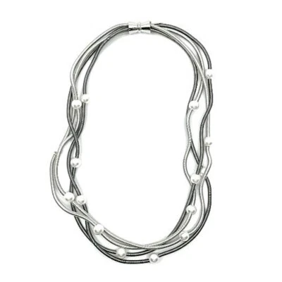 TIGERSHANDCRAFTED MULTI STRAND SILVER PEWTER PIANO WIRE MOTHER OF PEARL NECKLACE Foto 1 de 2