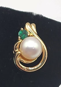 Vintage 14K Gelbgold mit Smaragd & Süßwasser Perle einzelner Ohrstecker signiert - Bild 1 von 5