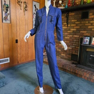 Vtg 70s 80s Disco Fredericks Of Hollywood Zip Front Dark Denim Jeans Jumpsuit M - Picture 1 of 9