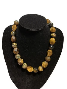 Enorme Collana Vintage Occhio di Tigre Grossa Statement Pietra Naturale Metà Secolo - Foto 1 di 11