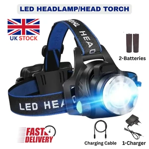 T6 Headlamp Rechargeable 350000LM LED Zoom Headlight Head Torch USB Line New UK - Picture 1 of 6