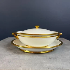 Ancien bol porcelaine de Sèvres plaque or dorure bouillon France vase blanc - Photo 1/14