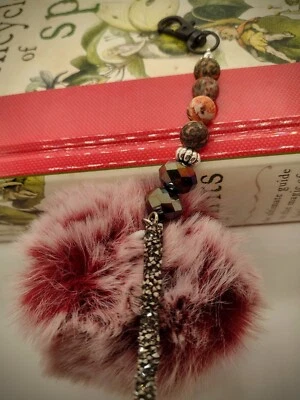 Crystal Keychain Purse Charm Red Matte Leopard Jasper  Pom-pom Handmade  - Image 1 of 3