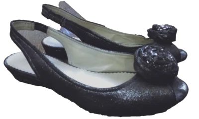 Laura Ashley Black Metallic Rosette Slingback Peep Toe 6.5 ADORABLE 1" Heels - Image 1 of 4