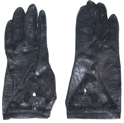 GUANTES DE MANO RECORTADOS DE ENCAJE DE CUERO NEGRO PARA MUJER DE COLECCIÓN Foto 1 de 4