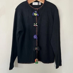 VTG Lemon Grass Cardigan Ghost Cat Spider Witch Halloween Sweater Black XL - Picture 1 of 9