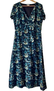 ANOKHI for EAST Kleid 18 Blau Baumwolle Blumen Hand Blockdruck Gold Overlay Midi - Bild 1 von 11