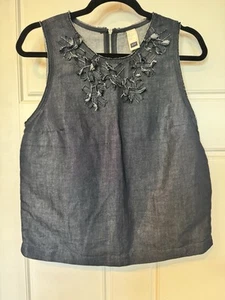 Gap Denim Tank Top Fringe Flower Details Size Small - Picture 1 of 6