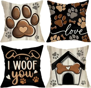 Dog Paw Print Home Decorative Throw Pillow Covers 18 x 18 Set of 4, Black Dog - Picture 1 of 7