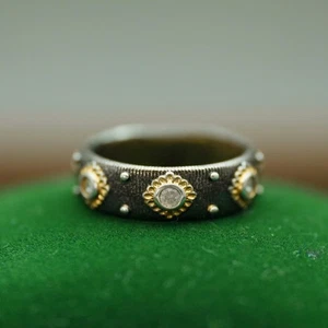 Unique Vintage Style Natural Diamond Bezel Ring Solid 14K 2-Tone Gold Fine Gift - Picture 1 of 11