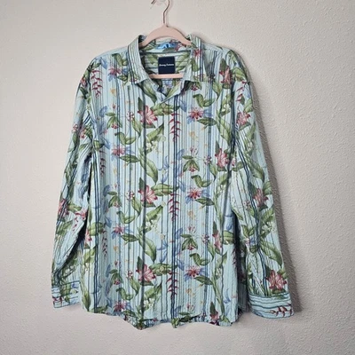 Camisa Tommy Bahama Mujer XXL Abotonada Tropical Floral Estampado Rayas Azul Hawaii Foto 1 de 4