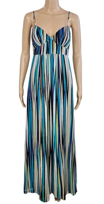 Maxi Vestido TRINA TURK NUEVO CON ETIQUETAS $348 100% Seda Multicolor Rayas Cuello en V Sin Mangas 0 Foto 1 de 4