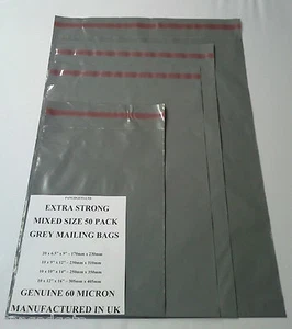 Mailing Bags 100 Mixed Grey Plastic 6.5'x9', 9'x12', 10'x14', 12'x16 - Picture 1 of 1