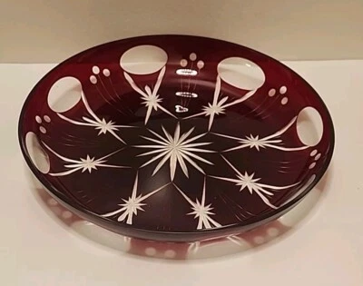 RUBY RED Platter Shallow Bowl Stained Flashed Cut-to-Clear CRYSTAL BOHEMIAN  - Image 1 of 4