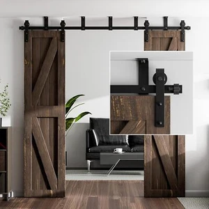 12FT Ceiling Mount Bracket Sliding Barn Door Hardware Kit Black,For Double Door - Picture 1 of 6