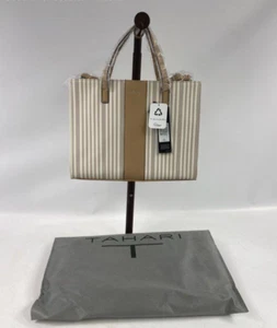 Tahari Satchel Tote Bag Women's Gray Striped Handbag Double Handle Vegan Leather - Picture 1 of 6
