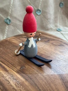 5" Tomte Wooden Figure Sweden Handmade - Skier or Skiing - Picture 1 of 5