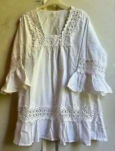 Lovely White Floral Crochet Embroidered Ruffle Cotton Kaftan Kurta Top Free Size - Picture 1 of 7
