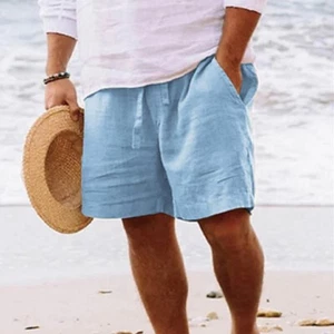 Mens Cotton Linen Shorts Summer Beach Hawaiian Drawstring Waist Short Pants § - Picture 1 of 31