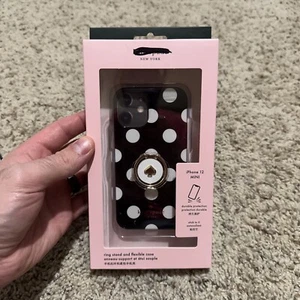New KATE SPADE RING Stand IPHONE 12 mini FLEXABLE CASE Black White Polka Dot New - Photo 1 sur 4