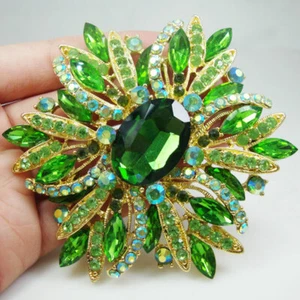Gold Tone Green Oval Flower Woman Brooch Pin Rhinestone Crystal Party Accessorie - Picture 1 of 4