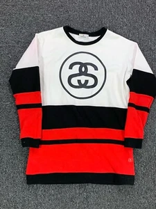 Stussy Women’s Sweatshirt Crewneck Double S Logo 80 Colour Block White Red - Picture 1 of 15