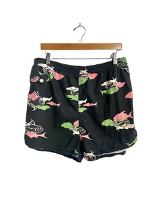 1950s Vintage Black Atomic Fish Print Cotton Swim Men's Swim Trunks Size L-XL - Picture 1 of 6