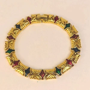 Joan Rivers Gold Tone Bracelet W/ Red Blue Green Enamel Etruscan Link - Picture 1 of 22