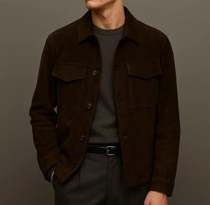 Men's Suede Leather Jacket Biker Dark Brown Casual Real Sheepskin Suede Jacket - Picture 1 of 4
