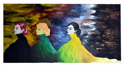 47" Pintura al Óleo Lienzo Mujeres Jóvenes Retrato Trío Audrey Hepburn Rojo Naranja Cabello Foto 1 de 4