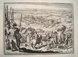 Vista Jülich con escena de asedio grabado en cobre antiguo real de Merian 1650 - Imagen 1 de 4