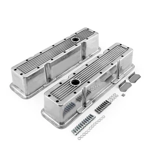 Chevy SBC 350 Polished Ribbed Aluminum Valve Covers - Tall w/Hole - Picture 1 of 5