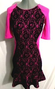 JUICY COUTURE Stretch knit Tulip retro Dress sz 0 Hot Pink Black Lace scoop neck - Picture 1 of 7