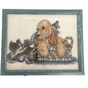 Counted Cross Stitch Puppy And Kitten  Completed Janlynn Little Tease 9" x 11" - Picture 1 of 9