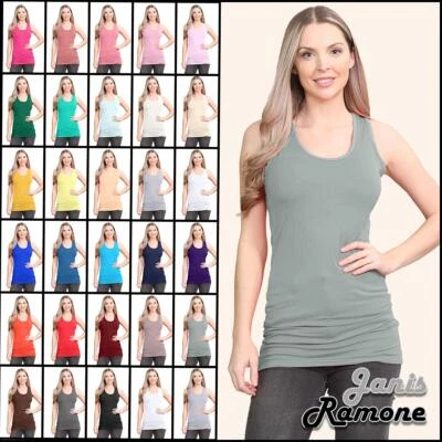 JANISRAMONE Damen Racerback Weste ärmellos figurbetont einfach dehnbar lang Muskel Gym Top