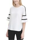 Calvin Klein Womens Flare With Piping Pullover Blouse, White, Small
