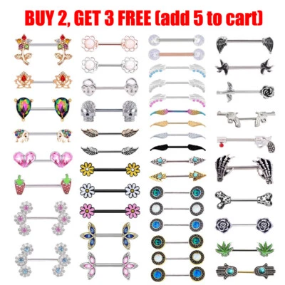 2件装14G直乳头环舌杠铃CZ夹头穿孔316L钢 — 第 1/4 张图片