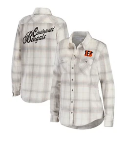 Cincinnati Bengals WEAR Erin Andrews Long Sleeve Plaid Flannel Small Cream Grey - Picture 1 of 13