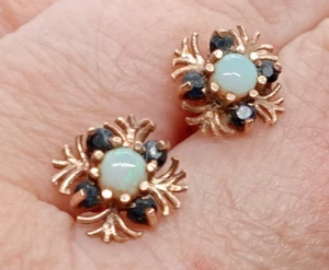 Fully Hallmarked 9ct Gold Opal & Sapphire Fancy Design Cluster Stud Earrings - Picture 1 of 8