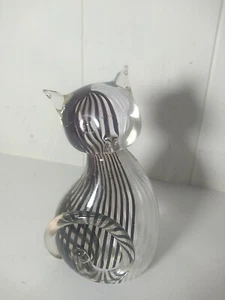Murano Style Cat Art Glass Encased Black And White Stripe Hand Blown Figurine - Picture 1 of 9