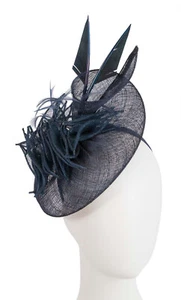 Large navy sinamay racing fascinator with feathers by Max Alexander RRP $139.95 - Picture 1 of 5