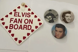 Lot of Elvis Presley Items: Elvis Fan On Board Car & 3 Button Pins - Picture 1 of 10