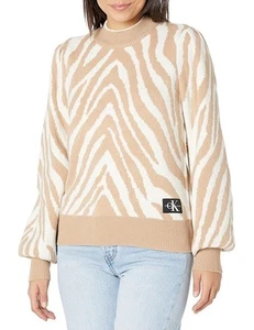 Calvin Klein Jeans White & Tan Zebra Knit Mock Neck Sweater Balloon Sleeve - XS - Picture 1 of 5