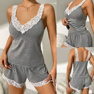 Lightweight Womens Lace Camisole and Shorts Set with Bra Pads for Home Lounging - Picture 1 of 10