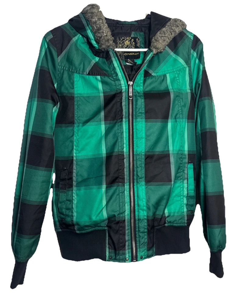 Chaqueta con capucha a cuadros verde y negra O’Neill para mujer ribete de piel sintética mediana M Foto 1 de 4
