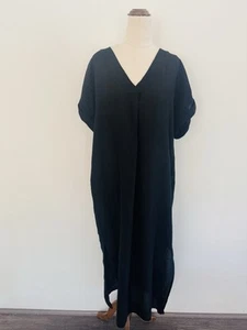 Ridley Linen Midi Dress Size ? L XL Black Short Sleeve V Neck Side Splits - Picture 1 of 12