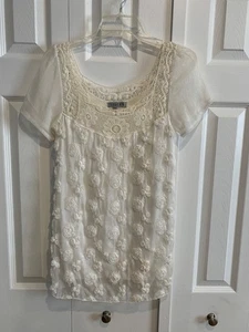 Liuces White Top Rosettes Crochet Trim Sz S Sheer Lace Romantic Bohemian Fairy - Picture 1 of 13