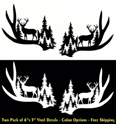 Decalques de vinil Buck Deer Antler Forest pacote com dois 6" x 5" para-choque de porta janela veículo - Imagem 1 de 2